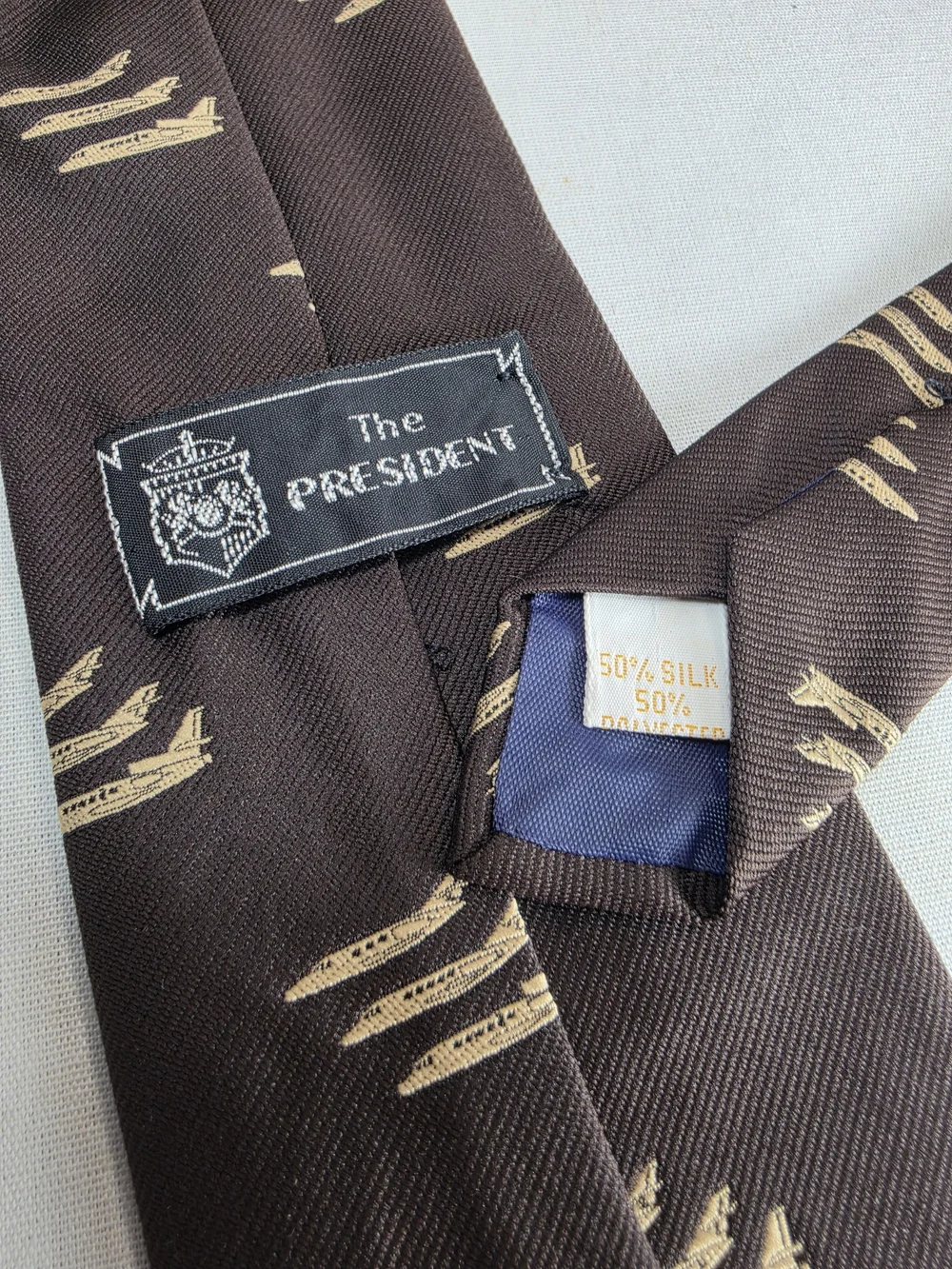 Vintage Classic Brown Necktie with Cream Airplane Motif
